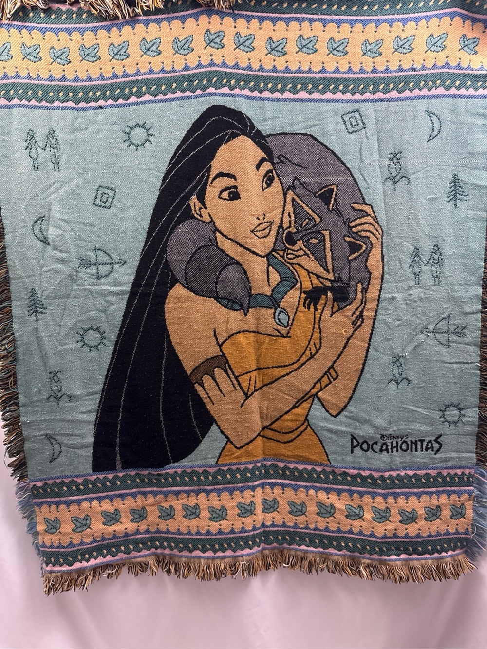 Vintage 1990s Beacon Disney Pocahontas Tapestry Throw Blanket 50"x57" Meeko